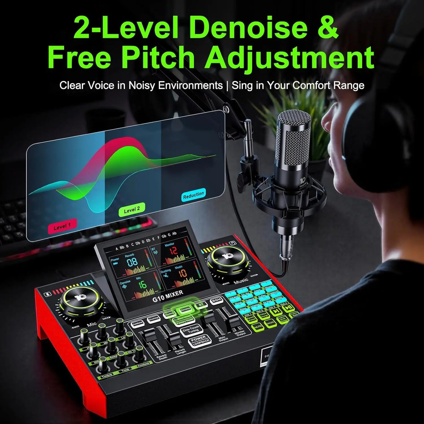 Tenlamp  G10-P15-NB25 Podcast Equipment with 3.5mm Condenser Mic, Sound Board,Sound Card for PC/Phone Podcast Recording, Voice Changer, Denoise,Phantom Power,Reverb，G10 Live Streaming Audio Interface Gaming Audio Mixer