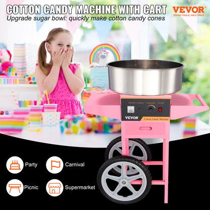SucceBuy Electric Cotton Candy Machine with Cart 1000W Commercial Floss Maker with Stainless Steel Bowl Sugar Scoop and Drawer