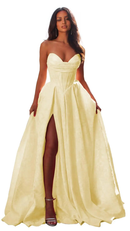 Jacquard Satin Prom Dresses with Slit Strapless Corset A Line Long Formal Gowns Party Evening Gown Formal Dress Women Elegant