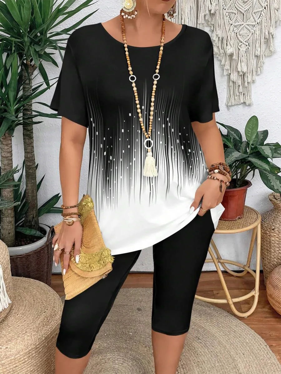 Women's Spring/Summer Fashion Gradient Graphic Print Short Sleeve T-Shirt + Pants Two-Piece Set