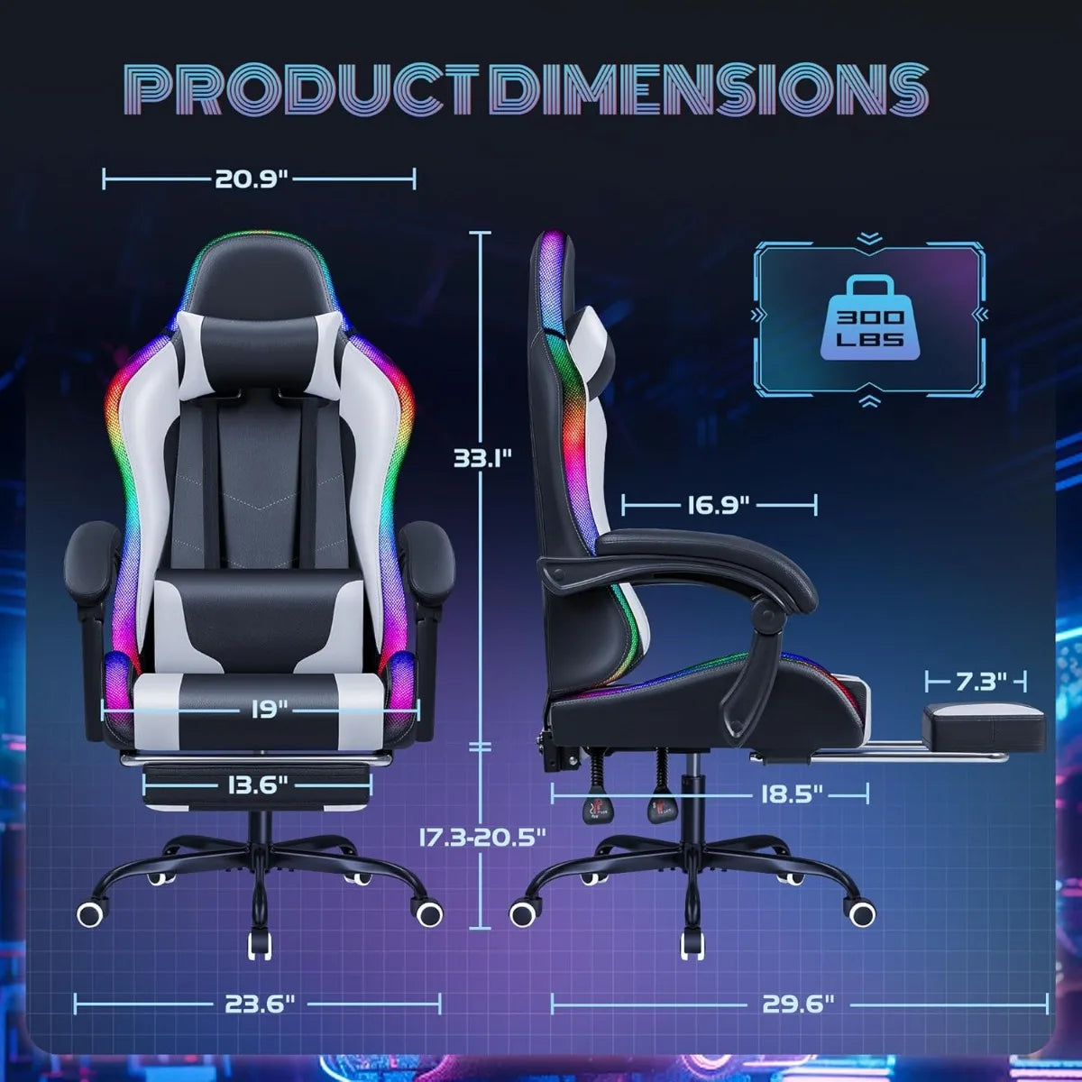 Chair with RGB LED Lights, Massage Lumbar Support & Footrest, Reclining High Back Computer Gamer Chair (White)