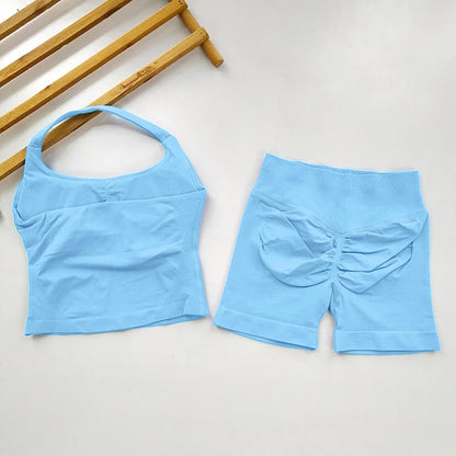 VEQKING Seamless 2pcs Women Yoga Sets Open Back Longline Sports Halter Bras Running Tank Tops Scrunch Butt Gym Workourt Shorts