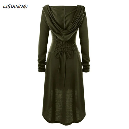 Medieval Cosplay Renaissance Archer Costumes Hooded Robe Lace Up Pullover Long Hoodie Dress Cloak Halloween Party