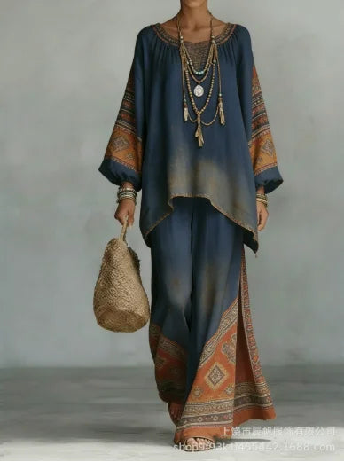 Boho Two Piece Set Summer Women's Loose Patchwork Wide Leg Pants Set Fashion O Neck Pullover Top 2-piece Set Outfit Streetwear