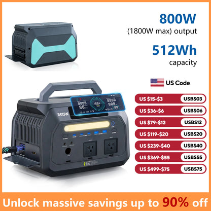IEE P800 Portable Power Station, 512Wh LiFePO4 generator,1600W Peak Solar Generators, 800 wat power source,2x800W AC Outlets Lightweight & Quiet Solar Generator for Camping, Home Emergency, RV & Outdoor Travel