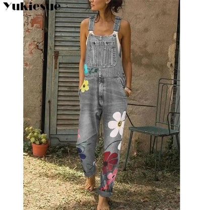 floral printed New Arrival Sleeveless Jumpsuit Jeans Sexy Bodysuit Women Denim Overalls Rompers Girls Pants Mom Jeans Ladies