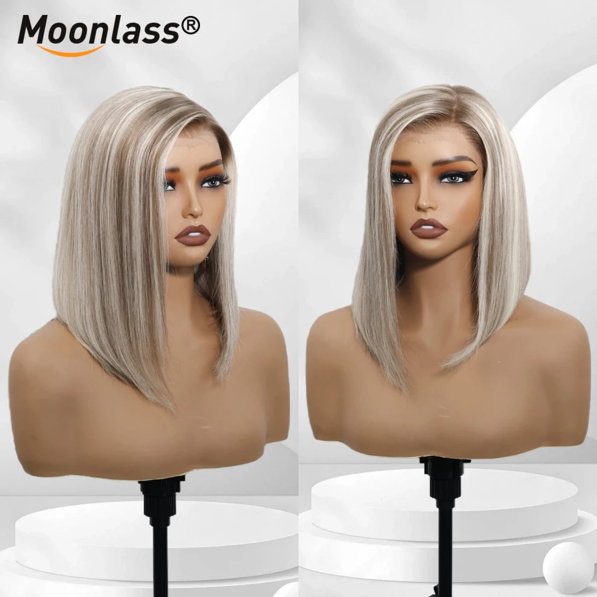 Moonlass Highlight Velvet Grey Gold Short Bob 100% Human Hair Wig 190% Density Salon Hair Color Wig 13x6 Upgrade Nude Lace Wigs