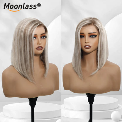 Moonlass Highlight Velvet Grey Gold Short Bob 100% Human Hair Wig 190% Density Salon Hair Color Wig 13x6 Upgrade Nude Lace Wigs