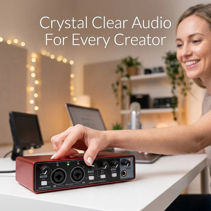 YAMNWEO MD21 Red USB Audio Interface Sound Card, 24Bit/192kHz Dual Channel Sound Card with Dual Inputs for Condenser Microphones & Guitars, Ideal for Live Streaming, Podcasting, Music Production and Live Performances