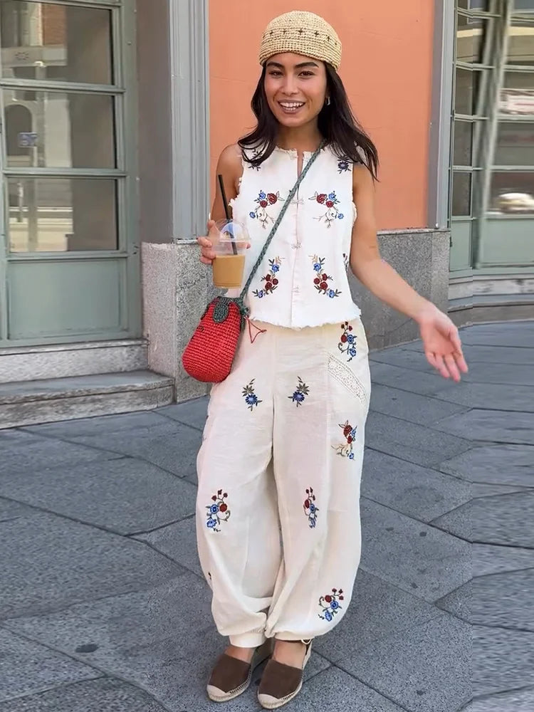 Casual Print Vest Pants Suit Women Loose Sleeveless Single Breasted O-neck Top Wide Leg Trousers Set Female 2026 Autumn Set Lady