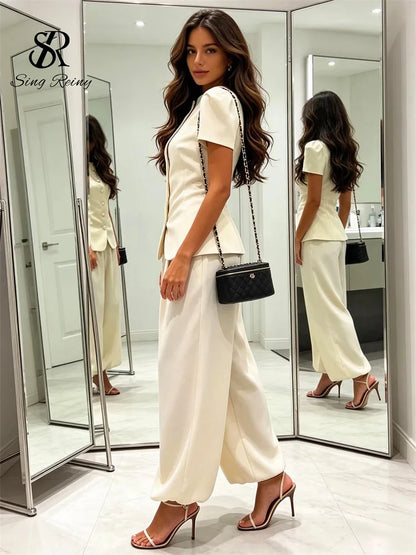 SINGREINY Women Pant Set Two Piece Sets Round Neck Short Sleeve Coats Tops+Wide Leg Long Pants Y2k Streetwear Elegant 2026 Suits