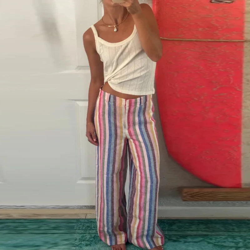 Rainbow Colorful Striped Pants Low-rise Braided Twist Denim Straight Lady Wide Leg Trousers 2026 Spring Summer Chic Casual Jeans