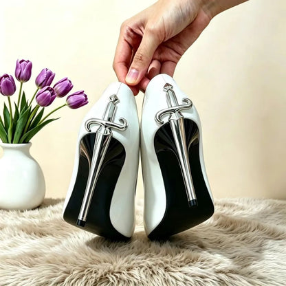 2026 Early Spring New High Heels Women's Fine Heels Pointed Metal Swords Sexy Queen Black Lacquer Leather Single Shoes