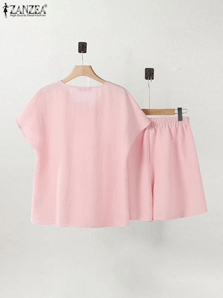 2025 ZANZEA Women's Short Sets Summer Lace Insert Short Sleeve V Neck T-shirt and Elastic Waist Shorts Casual 2-Pieces Suits