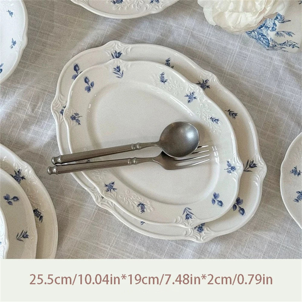 Simple Blue Printing Tableware Kitchen Supplies White Relief Tableware Western Dessert Steak Cake Dim Sum Fruit Dish Set