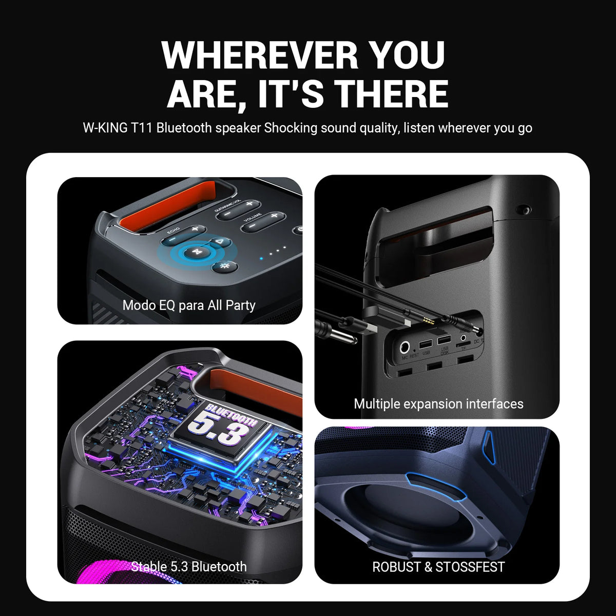 W-KING T11 100W RMS Bluetooth Speakers, IPX6 Waterproof, BT 5.3 Portable Party Boombox Wireless Deep Bass/115dB Loud Massive Sound