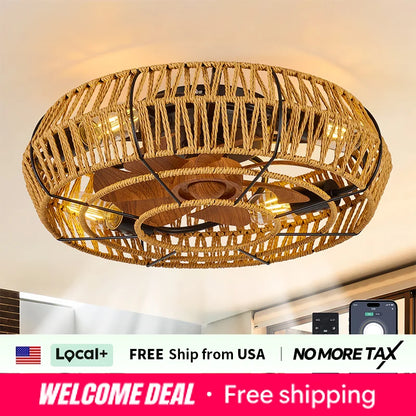 19" Caged Ceiling Fans with Lights and Remote, Boho Flush Mount Ceiling Fan with Light, Low Profile Chandelier 6 Speed Bladeless