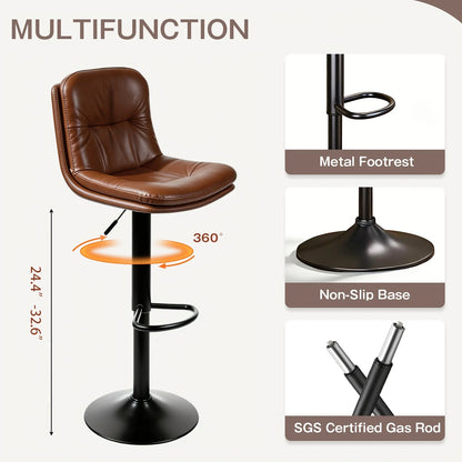 Adjustable Height Counter Height Bar Stools Set of 2,360 Swivel PU Leather Bar Chairs with Backrest Padded Seat Footrest for Kitchen Island Home Bar Restaurant