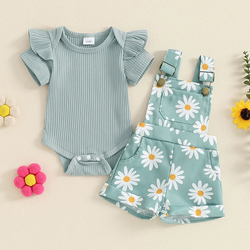 0-18months infant Girls Shorts Set Short Sleeve Romper Flower Print Suspender Shorts Summer Outfit for Baby girls