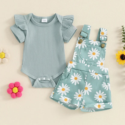 0-18months infant Girls Shorts Set Short Sleeve Romper Flower Print Suspender Shorts Summer Outfit for Baby girls