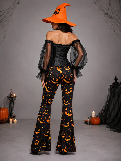 Womens Halloween Witch Cosplay Outfit, Off Shoulder Sheer Mesh Sleeve Corset Top Pumpkin Face Print Flare Pants & Witch Hat for Carnival Costume Party