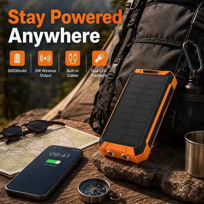 50000mAh Solar Power Bank Fast Charging Portable Charger with Built-in Cables Wireless Outdoor Battery Pack