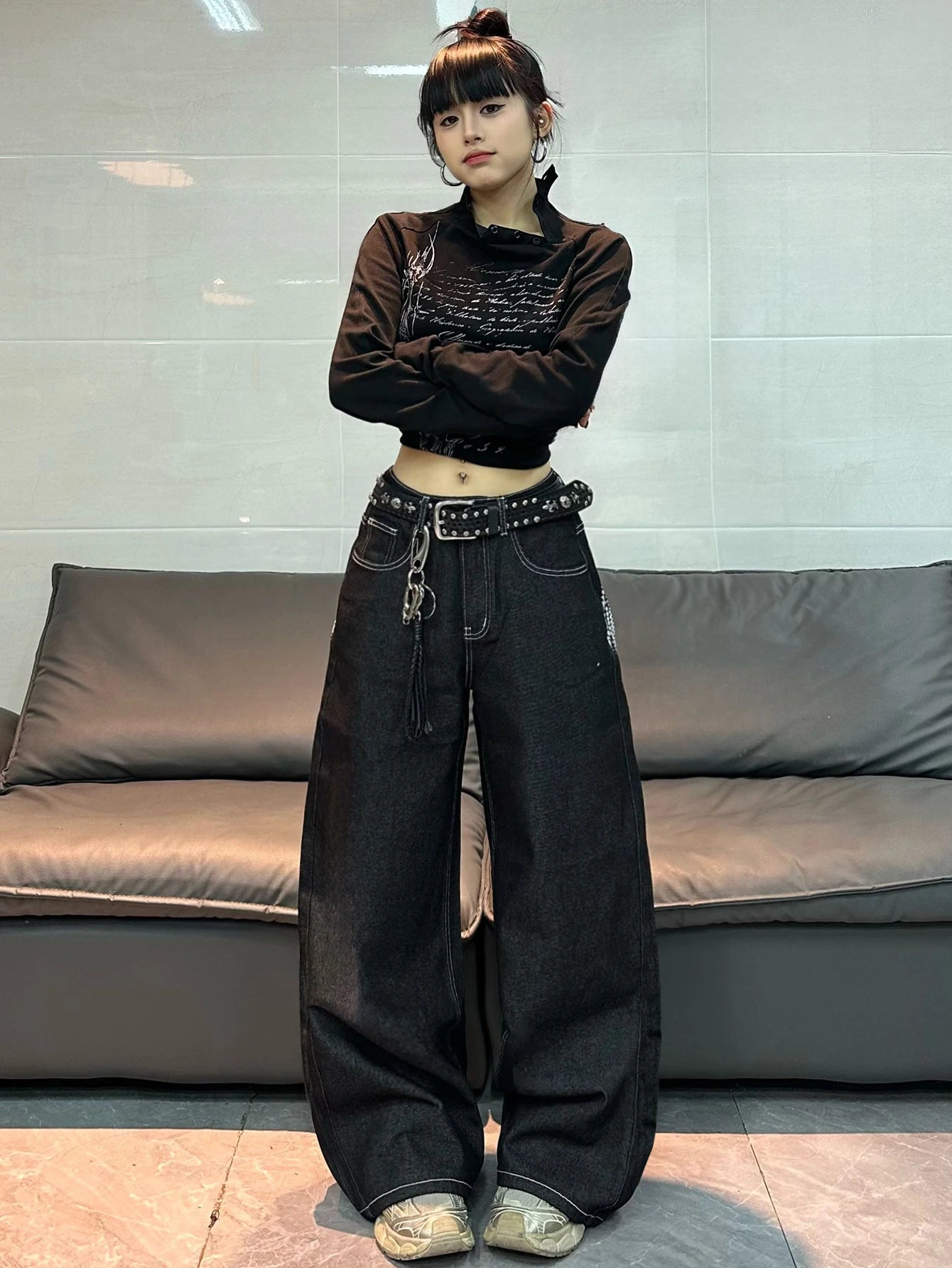American Retro Angel Wings Print Black Women's Loose Wide-Leg Jeans Y2K Street Hip-Hop Trend Versatile Straight Trousers