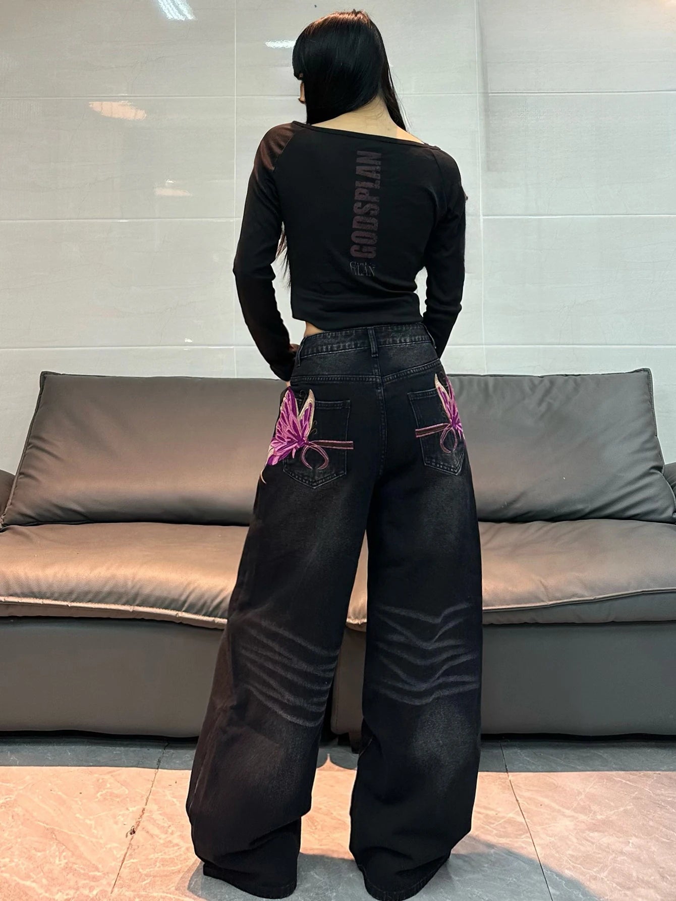 American Vintage Butterfly Embroidery Design Black Women's Loose Wide-Leg Jeans Y2K Street Fashion Versatile Straight-Leg Pants