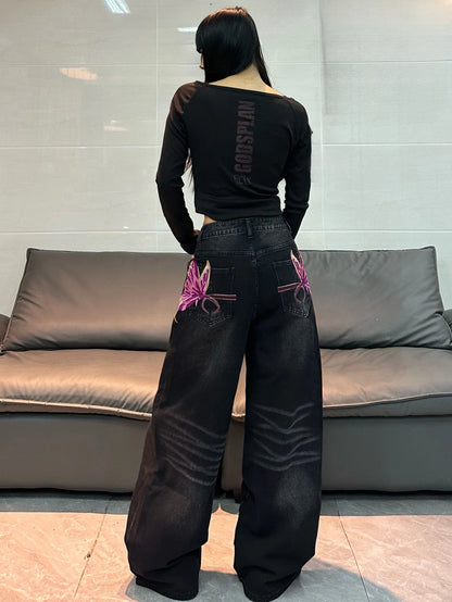 American Vintage Butterfly Embroidery Design Black Women's Loose Wide-Leg Jeans Y2K Street Fashion Versatile Straight-Leg Pants