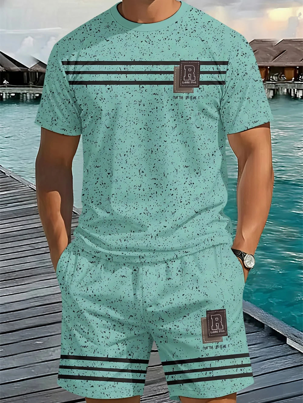 Men's Classic Stripe Printed T-Shirt Shorts Set Plus Size Short Sleeve T-Shirt and Drawstring Shorts Summer Casual Two Piece Set