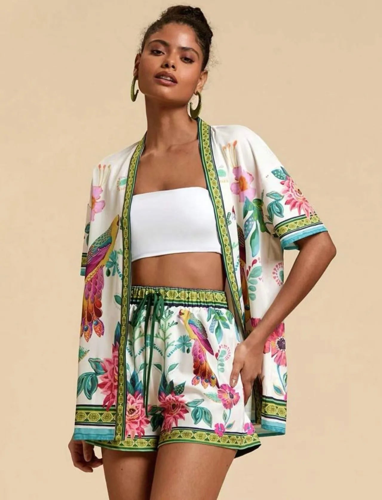 Summer Women's Suit With Shorts Printed Crop Top Short Pants Blue Patterned Set Green Floral Casual Shorts