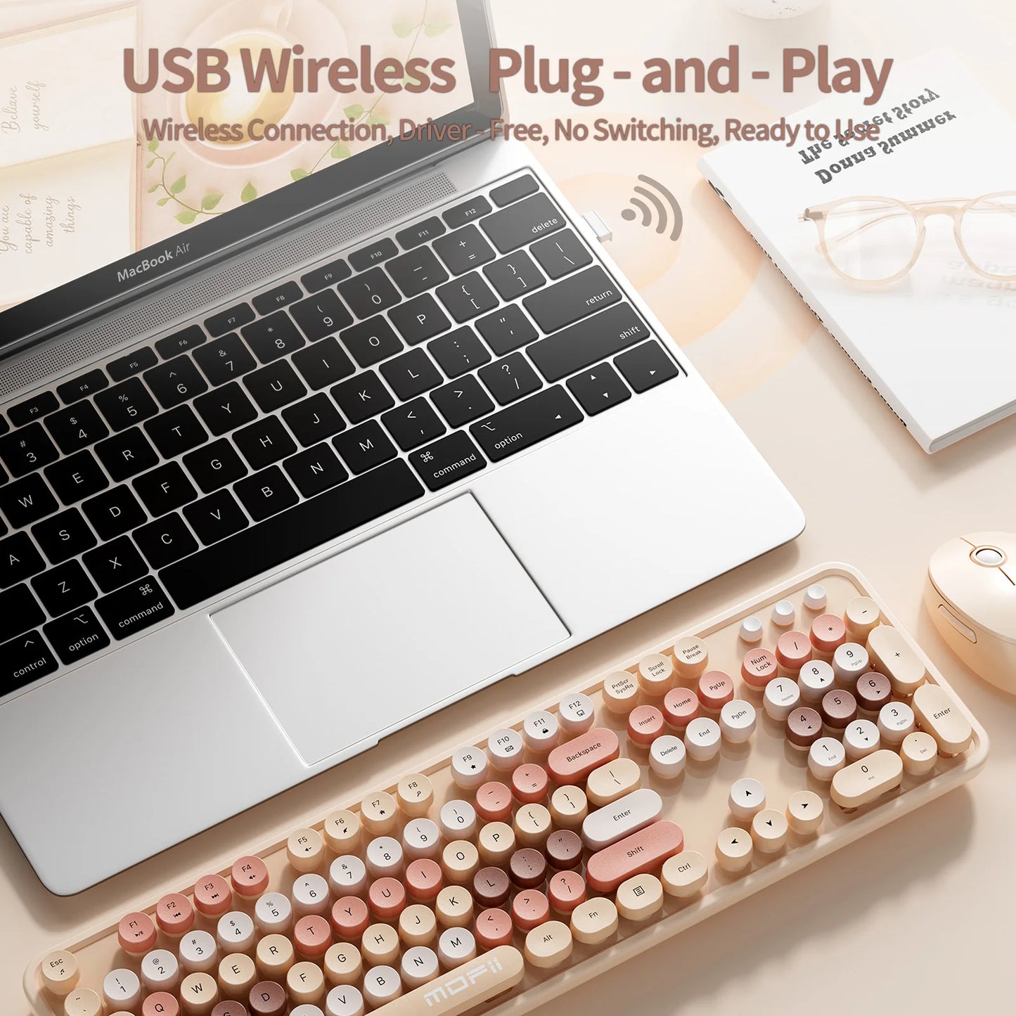 MOFii Sweet Wireless Keyboard Mouse Combo, Milk Tea Gradient Retro Round Keyboard, Silent for Women, US QWERTY