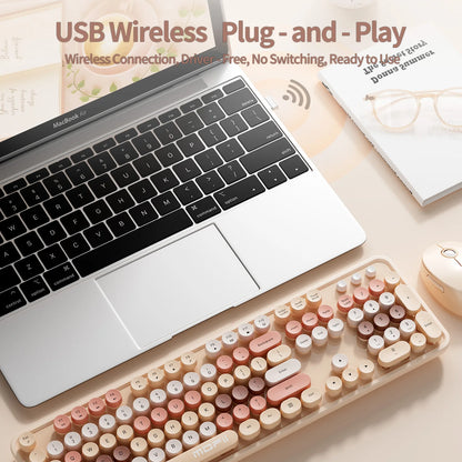 MOFii Sweet Wireless Keyboard Mouse Combo, Milk Tea Gradient Retro Round Keyboard, Silent for Women, US QWERTY