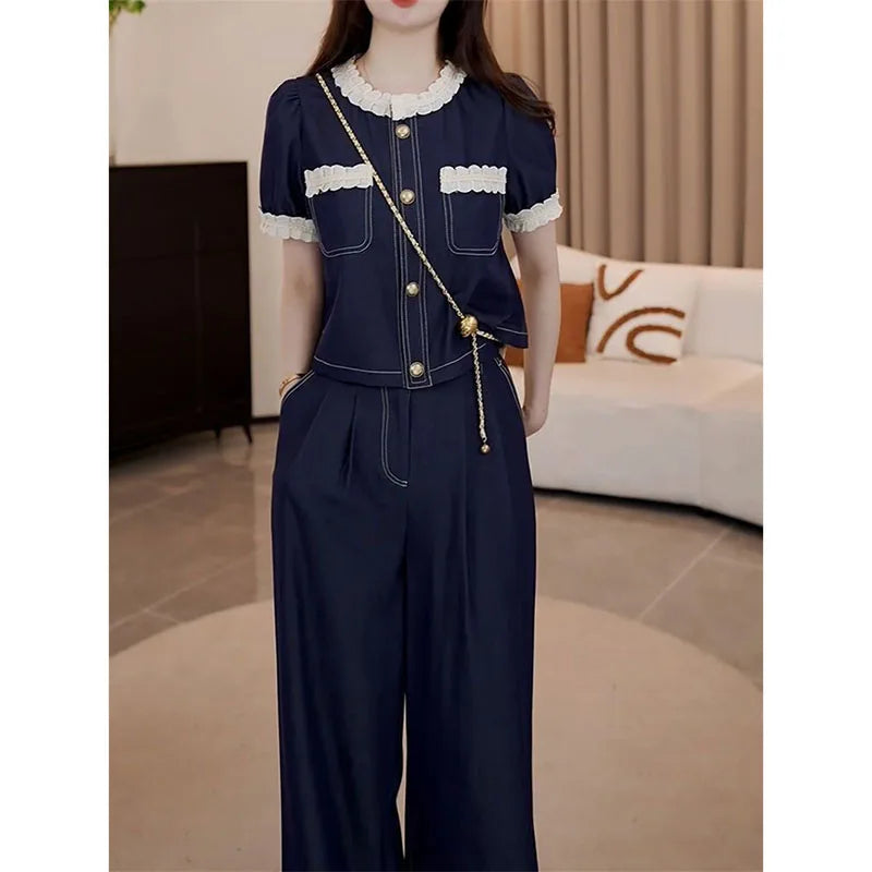 Spring Summer Ladies Short Sleeve Pants 2PCS 2026 Female Tops Pantalons Two-piece Suit Korean Women Fashion Round Neck Trousers