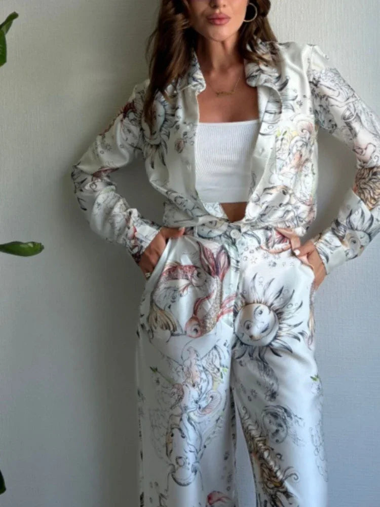 2 Pieces Set for Woman 2025 Summer New Elegant Print Long Sleeves Shirt Tops Suits Fashionable Casual Loose Wide Leg Pants Sets