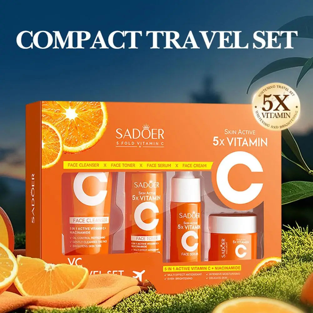 5pcs Vitamin C Skincare Set Travel Portable Face Cream Toner Cleanser and Serum Essence Moisturizing Refreshing Rejuvenate New