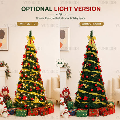 Folding Christmas Tree with LED Lights and Christmas Flowers Telescopic Artificial Christmas Tree 150CM/180CM Home Decoration