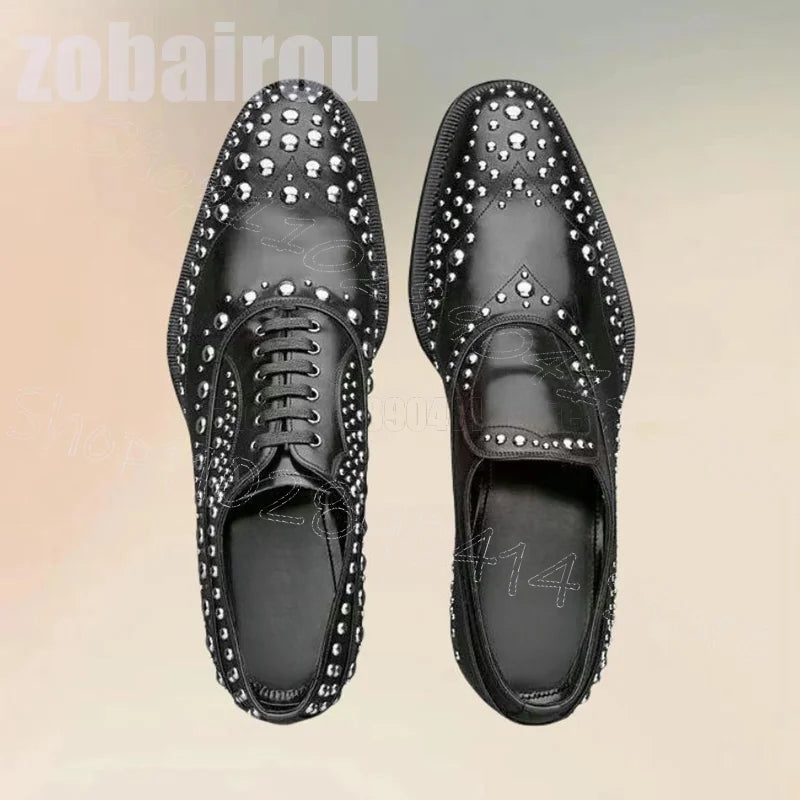 Metal Rivets Black Strappy Men Derby Shoes Fashion Slip On Men Shoes Luxury Handmade Party Feast Banquet Office Men Dress Shoes