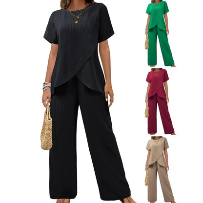 New Fashion Elegant Office Ladies Set Casual Set With Irregular Short Sleeve Blouses Loose Long Pants Two Piece Outfit Women's