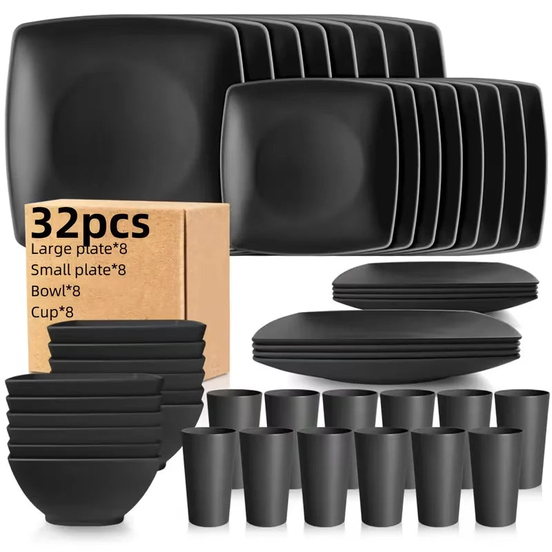 16/32 Square Plate Salad Bowl Tableware Set, Square Plate Bowl Cup, Dishwasher Washable
