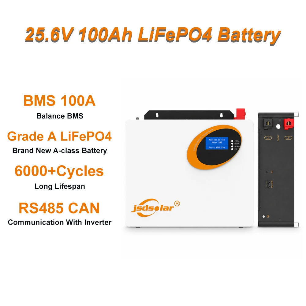 Jsdsolar 25.6V 100Ah LiFePO4 Battery 100A BMS 2560Wh Solar Lithium Iron Phosphate Battery 6000+ Cycles CAN RS485  For Solar Power System