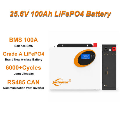 Jsdsolar 25.6V 100Ah LiFePO4 Battery 100A BMS 2560Wh Solar Lithium Iron Phosphate Battery 6000+ Cycles CAN RS485  For Solar Power System