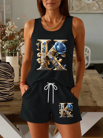 New Summer Women's Floral Print Tank Top Set Street-Style Versatile Fashion Tank Top and Shorts Two-Piece Set Sports T-Shirt Set