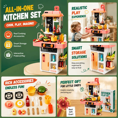 52-Piece Kitchen Toy Set, Educational Toys with Sound and Light Effects, Equipped with Various Realistic Kitchen Tools, Perfect for Parent-Child Interaction, Role-Playing Activities, and Holiday Gifts.
