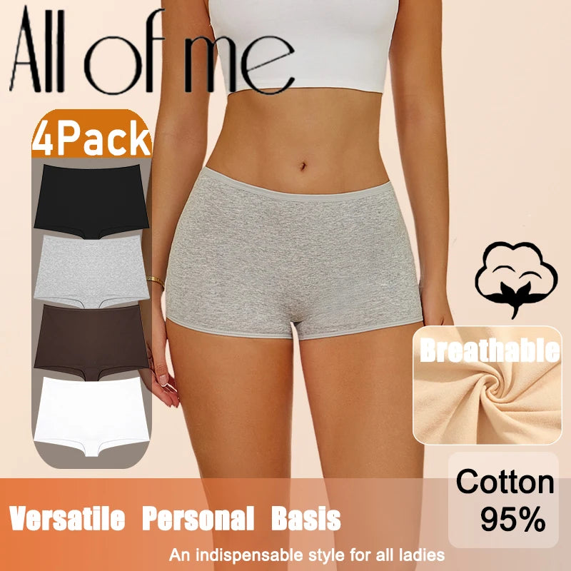 4PCS/Set Women Cotton Panties Sexy Low Rise Boyshorts Seamless Sports Boxers Female Comfortable Underwear Solid Color Lingerie
