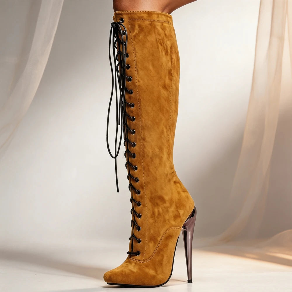 Unisex Purple Suede Lace-Up Knee High Boots 15cm/6" Stiletto Heel Sexy Nightclub Pole Dancing Cosplay Shoes Plus Size 36-46