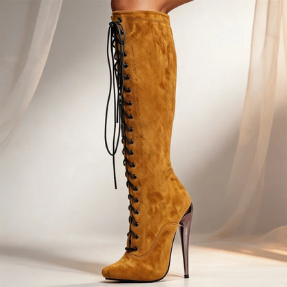 Unisex Purple Suede Lace-Up Knee High Boots 15cm/6" Stiletto Heel Sexy Nightclub Pole Dancing Cosplay Shoes Plus Size 36-46