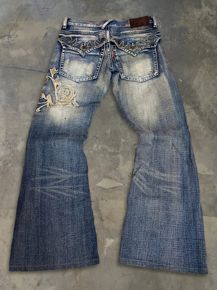 HOUZHOU Vintage Embroidery Patchwork Women Flared Jeans Y2k Harajuku Wide Leg American Style Denim Pants Baggy Punk Streetwear