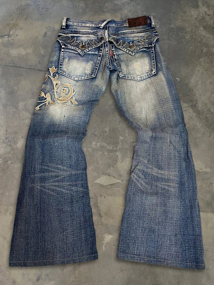HOUZHOU Vintage Embroidery Patchwork Women Flared Jeans Y2k Harajuku Wide Leg American Style Denim Pants Baggy Punk Streetwear