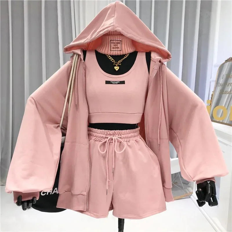 Women's Fashionable Casual Sports Windsuit Spring Autumn Collection Age-Reducing Gym Running Sweatshirt Shorts Three-Piece Set